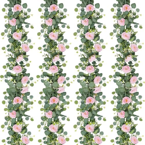 4 Pack Artificial Eucalyptus Flower Garland with Pink Roses