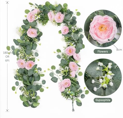 4 Pack Artificial Eucalyptus Flower Garland with Pink Roses, alternate view 3