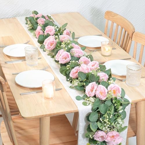 4 Pack Artificial Eucalyptus Flower Garland with Pink Roses, alternate view 4