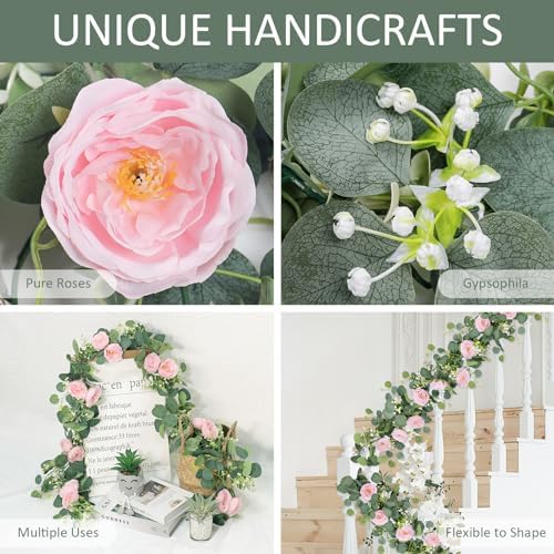 4 Pack Artificial Eucalyptus Flower Garland with Pink Roses, alternate view 5