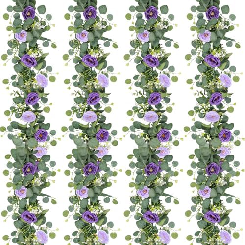 4 Pack Artificial Eucalyptus Flower Garland with Purple Roses