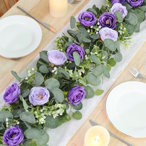 4 Pack Artificial Eucalyptus Flower Garland with Purple Roses, alternate view 2