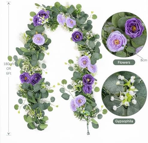 4 Pack Artificial Eucalyptus Flower Garland with Purple Roses, alternate view 3