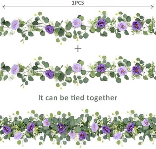 4 Pack Artificial Eucalyptus Flower Garland with Purple Roses, alternate view 4