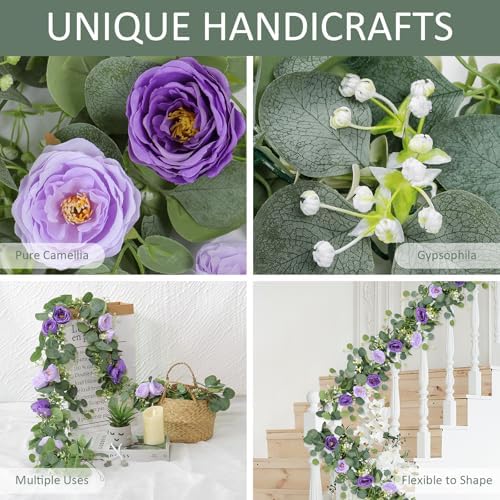 4 Pack Artificial Eucalyptus Flower Garland with Purple Roses, alternate view 5