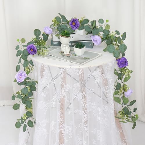 4 Pack Artificial Eucalyptus Flower Garland with Purple Roses, alternate view 6