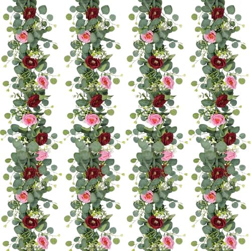 4 Pack Artificial Eucalyptus Flower Garland with Red Pink Roses