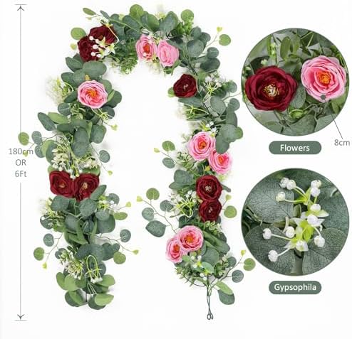 4 Pack Artificial Eucalyptus Flower Garland with Red Pink Roses, alternate view 3