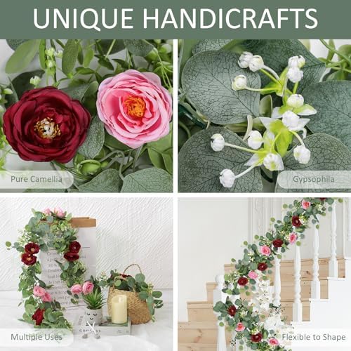 4 Pack Artificial Eucalyptus Flower Garland with Red Pink Roses, alternate view 4