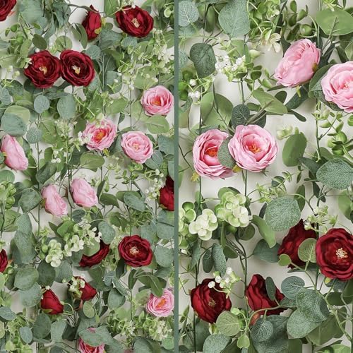 4 Pack Artificial Eucalyptus Flower Garland with Red Pink Roses, alternate view 5