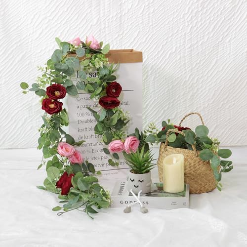 4 Pack Artificial Eucalyptus Flower Garland with Red Pink Roses, alternate view 7