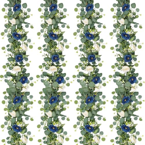 4 Pack Artificial Eucalyptus Flower Garland with White Blue Roses