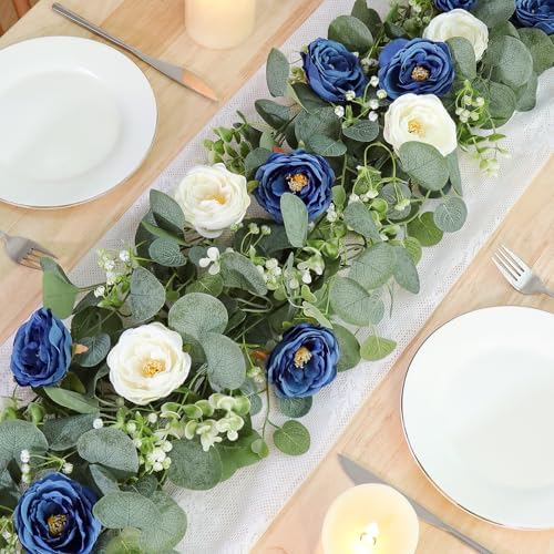 4 Pack Artificial Eucalyptus Flower Garland with White Blue Roses, alternate view 2
