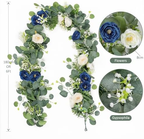 4 Pack Artificial Eucalyptus Flower Garland with White Blue Roses, alternate view 3