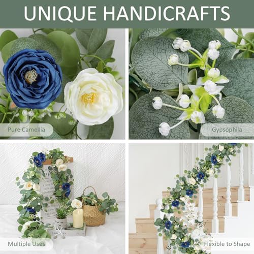 4 Pack Artificial Eucalyptus Flower Garland with White Blue Roses, alternate view 4