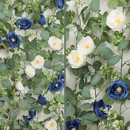 4 Pack Artificial Eucalyptus Flower Garland with White Blue Roses, alternate view 6