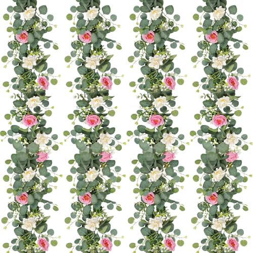 4 Pack Artificial Eucalyptus Flower Garland with White Pink Roses