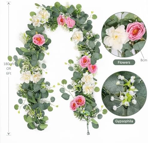 4 Pack Artificial Eucalyptus Flower Garland with White Pink Roses, alternate view 3