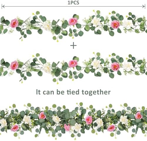 4 Pack Artificial Eucalyptus Flower Garland with White Pink Roses, alternate view 4
