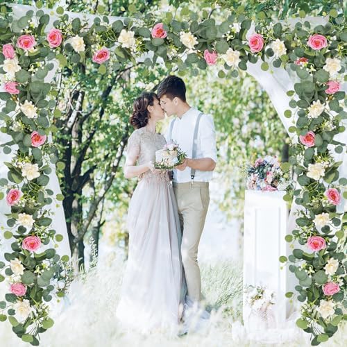 4 Pack Artificial Eucalyptus Flower Garland with White Pink Roses, alternate view 6