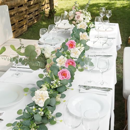 4 Pack Artificial Eucalyptus Flower Garland with White Pink Roses, alternate view 7