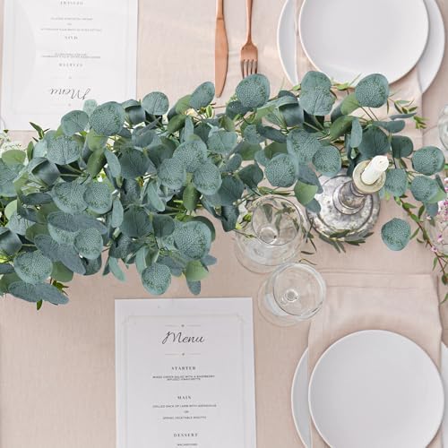 4 Pack Artificial Eucalyptus Garland Greenery Leaves Handmade 3D Silk Vines Silver Dollar Leaves Faux Leaf, alternate view 3