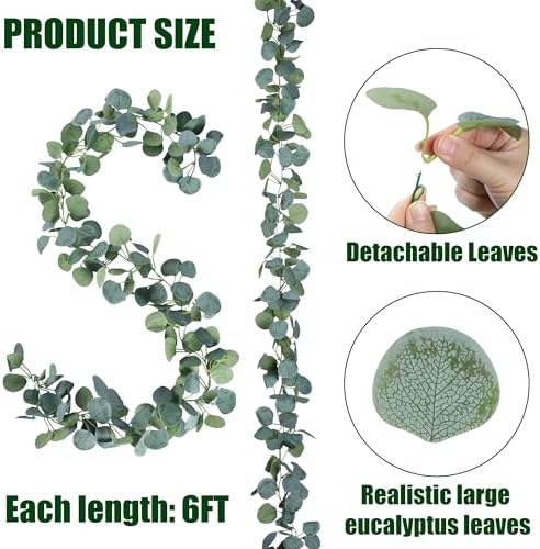 4 Pack Artificial Eucalyptus Garland Greenery Leaves Handmade 3D Silk Vines Silver Dollar Leaves Faux Leaf, alternate view 6