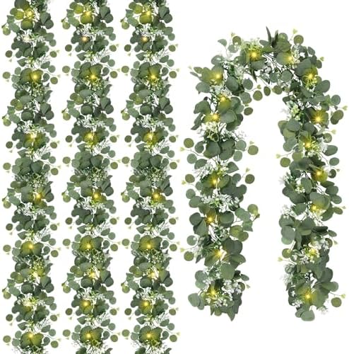 4 Pack Artificial Eucalyptus Garland with Lights, 6FT Artificial Greenery Summer Garlands, Battery Operated Twig