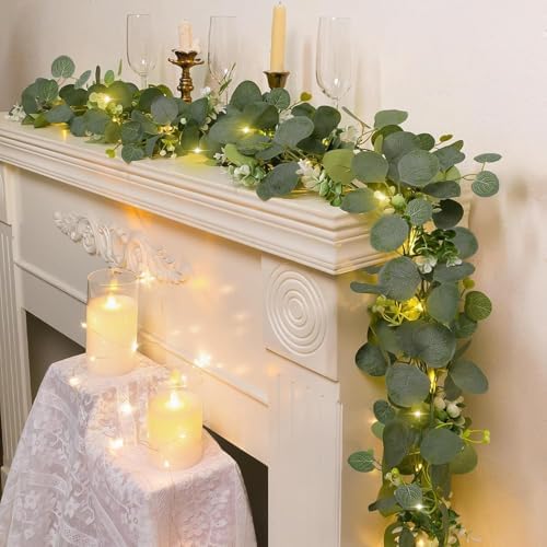 4 Pack Artificial Eucalyptus Garland with Lights, 6FT Artificial Greenery Summer Garlands, Battery Operated Twig, alternate