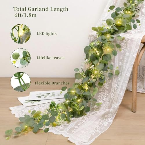 4 Pack Artificial Eucalyptus Garland with Lights, 6FT Artificial Greenery Summer Garlands, Battery Operated Twig, alternate