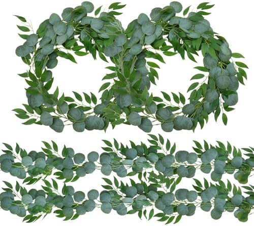 4 Pack Artificial Eucalyptus Garland with Willow Leaves Each 6.5 Feet Fake Greenery Garland Vine for Table