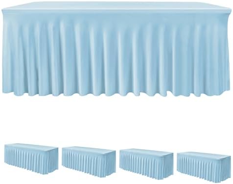 4 Pack Baby Blue Spandex Table Covers 4ft Rectangle Ruffle Skirts for Party