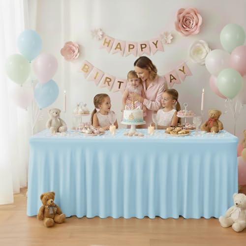 4 Pack Baby Blue Spandex Table Covers 8ft Rectangle Ruffle Skirts for Party in 30x96 Inch| 4 Pack in Baby Blue, alternate
