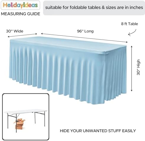 4 Pack Baby Blue Spandex Table Covers 8ft Rectangle Ruffle Skirts for Party in 30x96 Inch| 4 Pack in Baby Blue, alternate