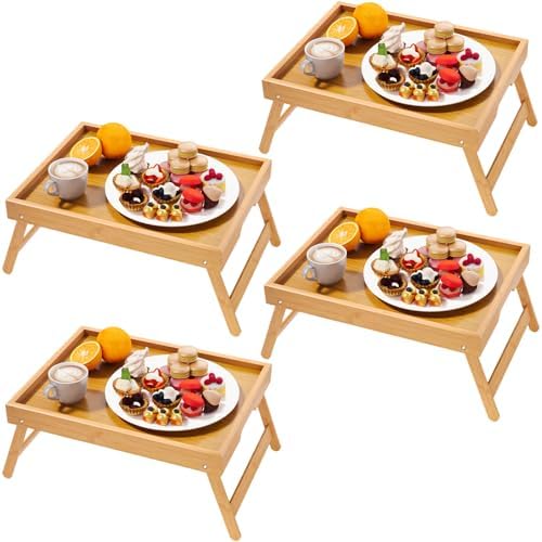 4 Pack Bamboo Bed Tray Table with Folding Legs, Breakfast Trays, Serving Tray for Food and Snack, Laptop Trays