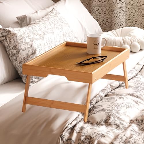 4 Pack Bamboo Bed Tray Table with Folding Legs, Breakfast Trays, Serving Tray for Food and Snack, Laptop Trays, alternate