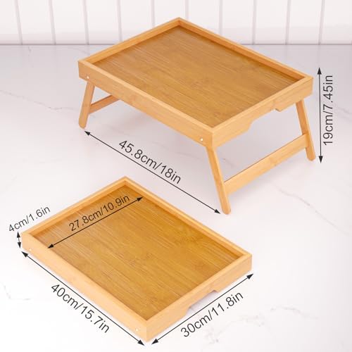 4 Pack Bamboo Bed Tray Table with Folding Legs, Breakfast Trays, Serving Tray for Food and Snack, Laptop Trays, alternate