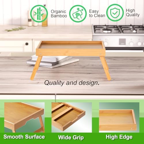 4 Pack Bamboo Bed Tray Table with Folding Legs, Breakfast Trays, Serving Tray for Food and Snack, Laptop Trays, alternate