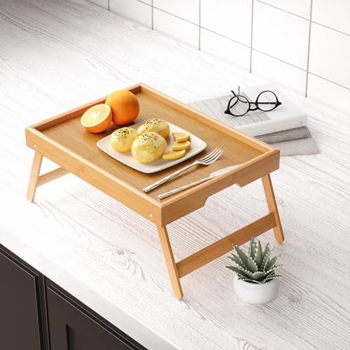 4 Pack Bamboo Bed Tray Table with Folding Legs, Breakfast Trays, Serving Tray for Food and Snack, Laptop Trays, alternate