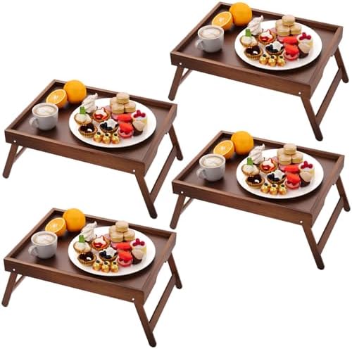 4 Pack Bamboo Bed Tray Table with Folding Legs, Breakfast Trays, Serving Tray for Food and Snack, Laptop Trays