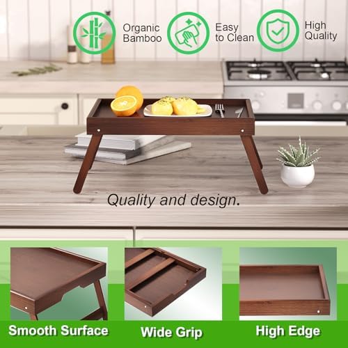 4 Pack Bamboo Bed Tray Table with Folding Legs, Breakfast Trays, Serving Tray for Food and Snack, Laptop Trays, alternate