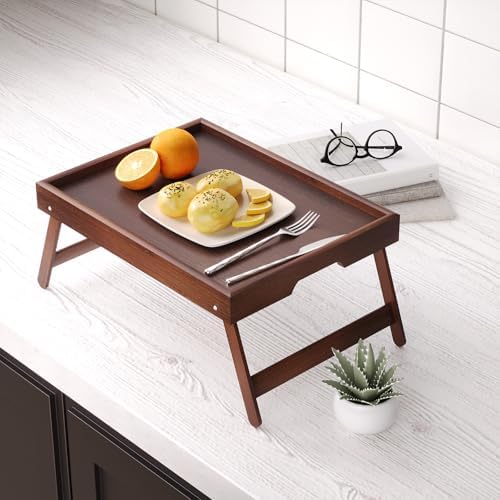 4 Pack Bamboo Bed Tray Table with Folding Legs, Breakfast Trays, Serving Tray for Food and Snack, Laptop Trays, alternate