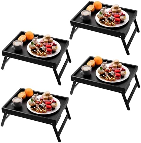 4 Pack Bamboo Bed Tray Table with Folding Legs, Breakfast Trays, Serving Tray, Laptop Trays for Working, Food