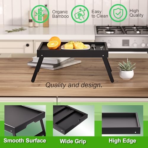 4 Pack Bamboo Bed Tray Table with Folding Legs, Breakfast Trays, Serving Tray, Laptop Trays for Working, Food, alternate view