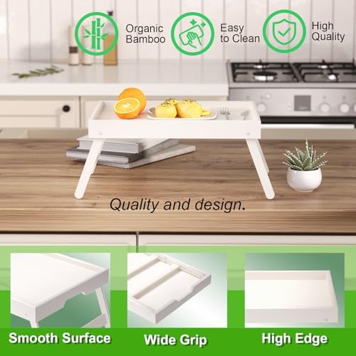 4 Pack Bamboo Bed Tray Table with Folding Legs, Breakfast Trays, Serving Tray for Food and Snack, Laptop Trays, alternate