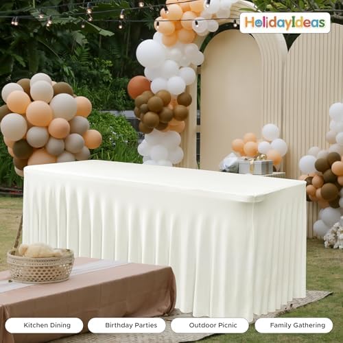 4 Pack Beige Spandex Table Covers 4ft Rectangle Ruffle Skirts for Party in 24x48 Inch| 4 Pack in Butter Cream, alternate view
