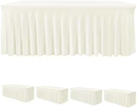 4 Pack Beige Spandex Table Covers 6ft Rectangle Ruffle Skirts for Party