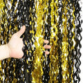 4 Pack Black and Gold Wavy Foil Fringe Curtains Pirthday Decorations,3.3 ft x 6.6 ft Metallic Foil Curtains