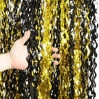 4 Pack Black and Gold Wavy Foil Fringe Curtains Pirthday Decorations,3.3 ft x 6.6 ft Metallic Foil Curtains