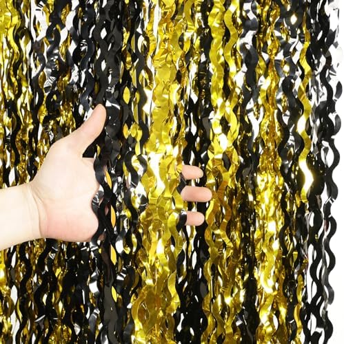4 Pack Black and Gold Wavy Foil Fringe Curtains Pirthday Decorations,3.3 ft x 6.6 ft Metallic Foil Curtains